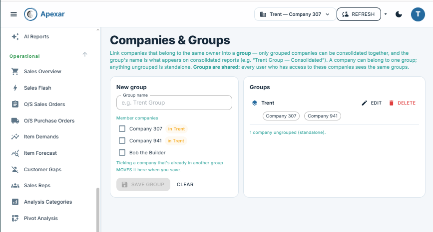 Apexar Companies & Groups — link companies into consolidated groups