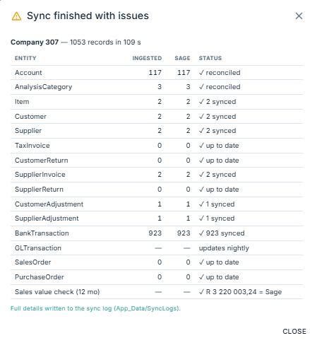 Apexar sync reconciliation — ingested vs Sage, differences listed