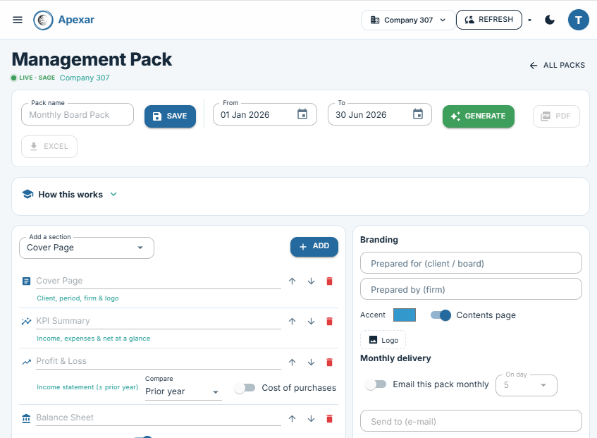 Apexar Management Pack builder — reorderable sections, branding and monthly delivery
