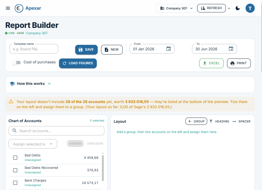 Apexar Report Builder — assign every Sage account into custom groups that reconcile to the cent